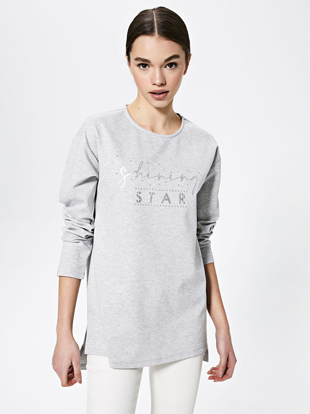 Gri Bisiklet Yaka Yazı Baskılı Uzun Kollu Kadın Tunik