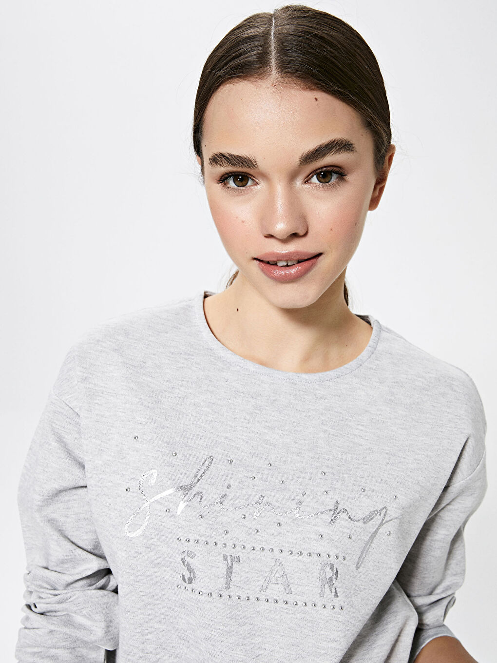 Gri Bisiklet Yaka Yazı Baskılı Uzun Kollu Kadın Tunik-2