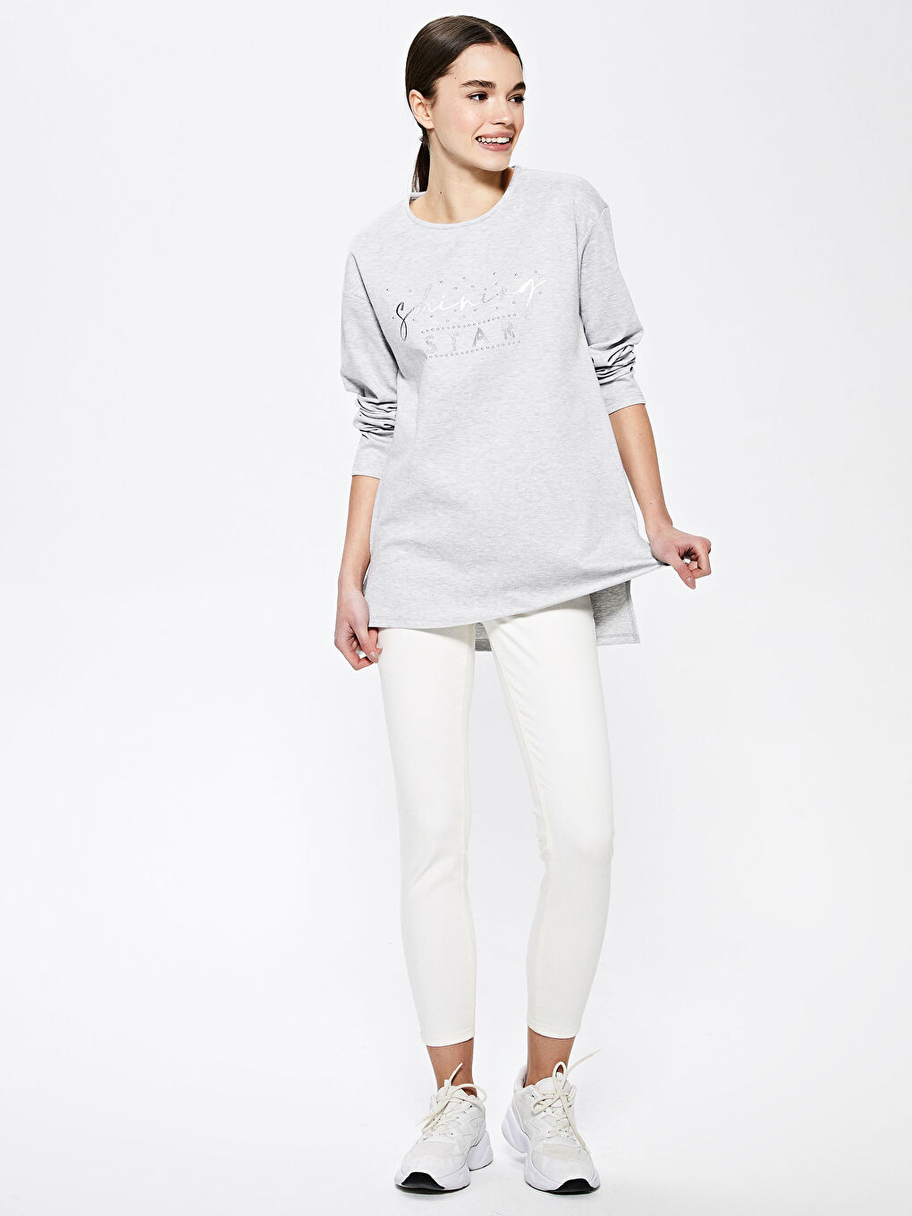 Gri Bisiklet Yaka Yazı Baskılı Uzun Kollu Kadın Tunik-3