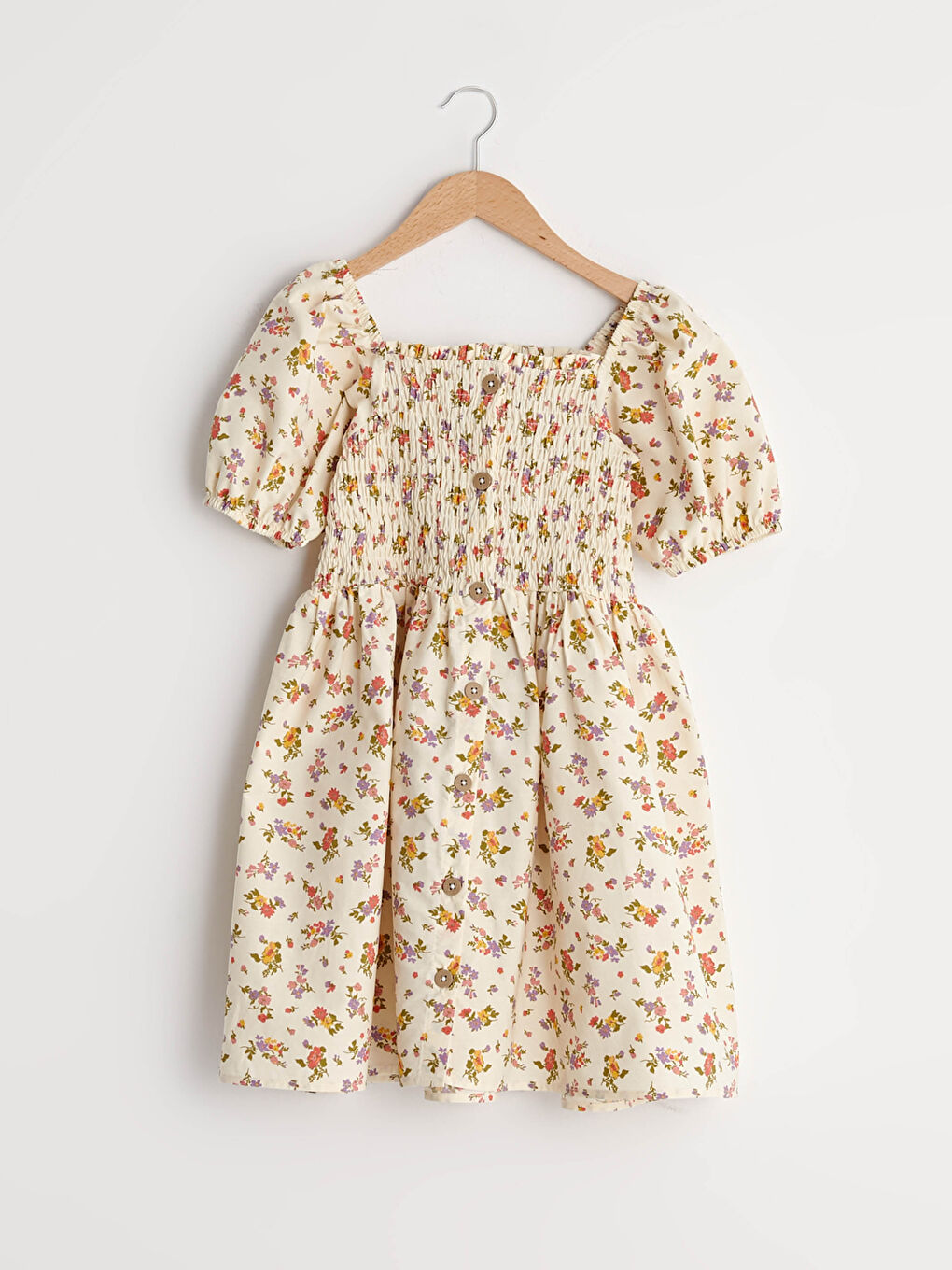 Robe Fille Col Carré Motif Floral Manches Courtes Popeline