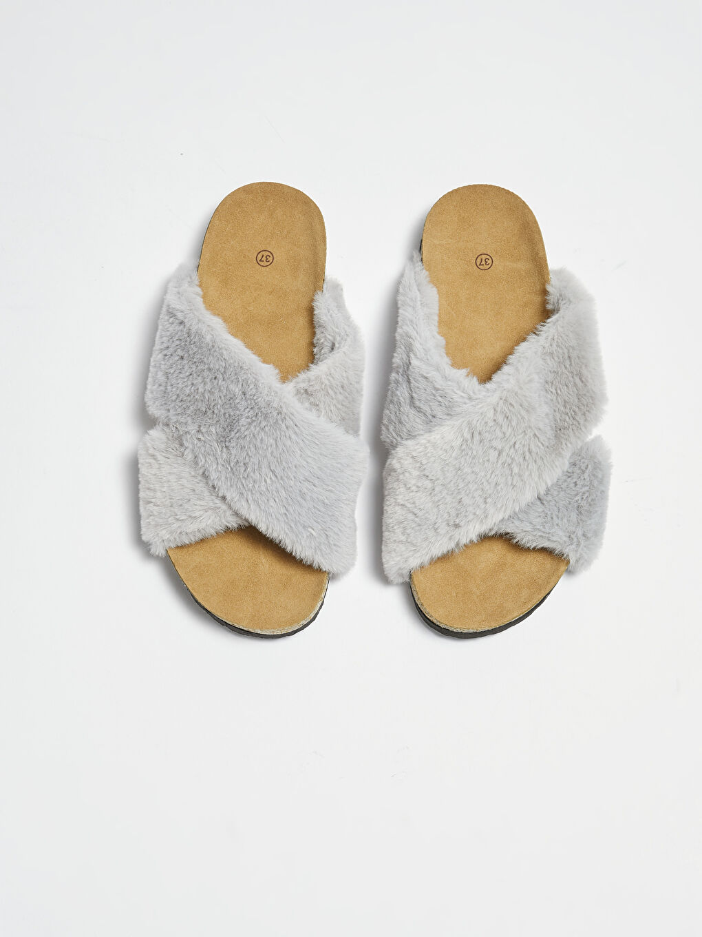 Gri Tüylü Çapraz Bant Kadın Ev Terliği-1