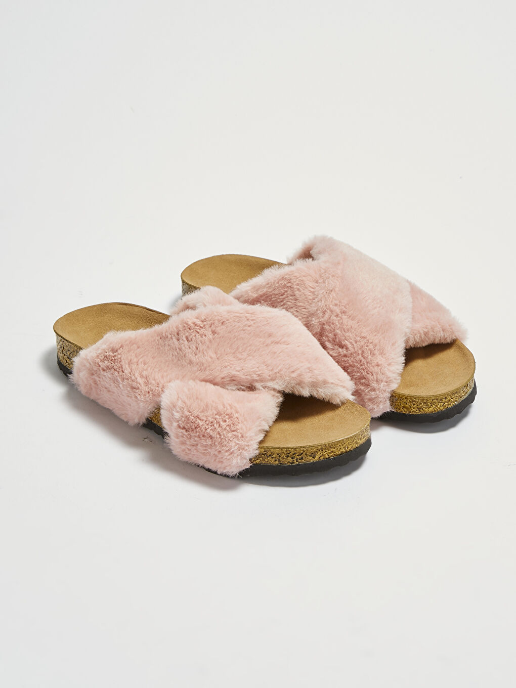 Pembe Tüylü Çapraz Bant Kadın Ev Terliği