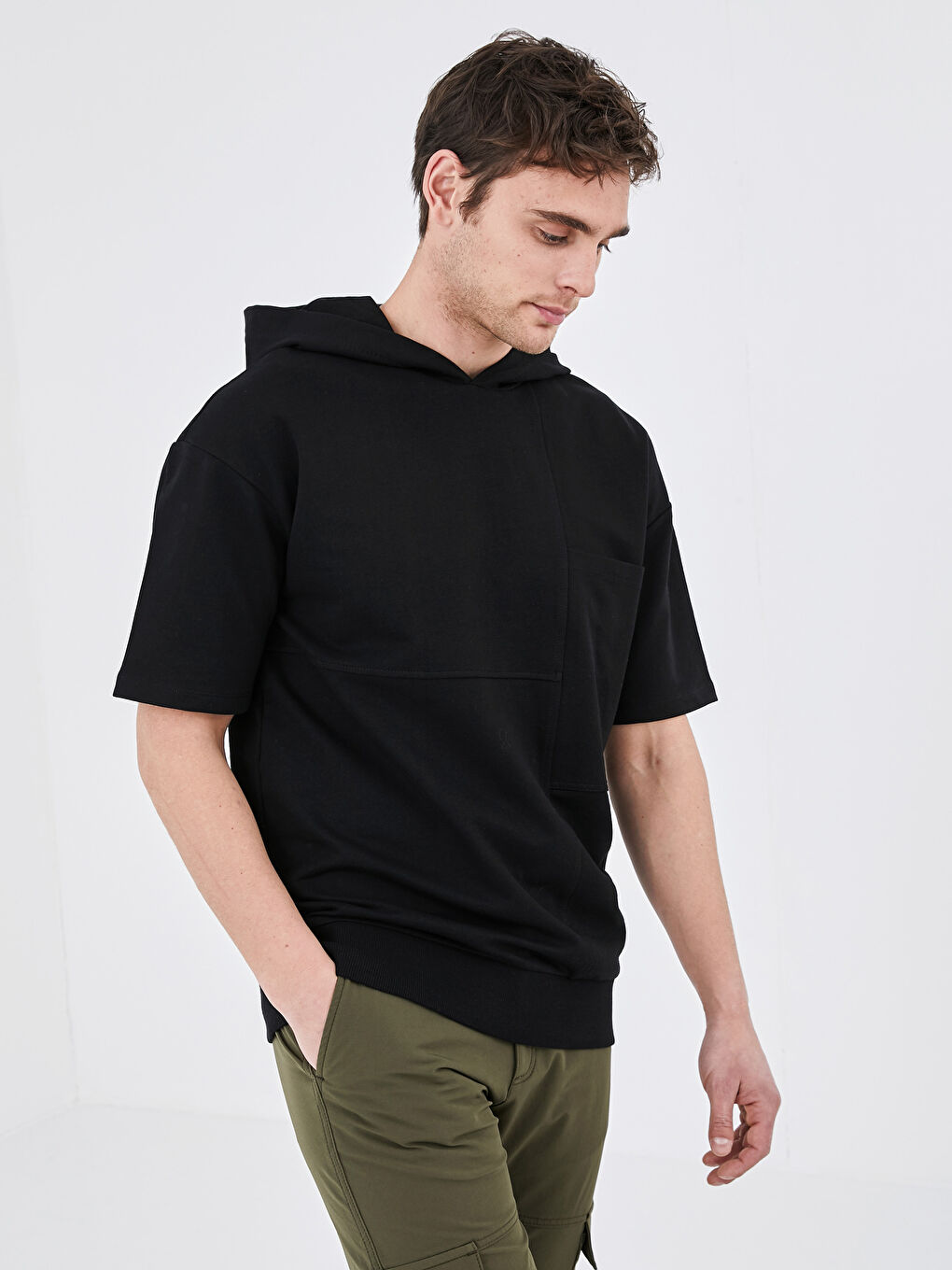 Siyah Oversize Kısa Kollu Erkek Hoodie