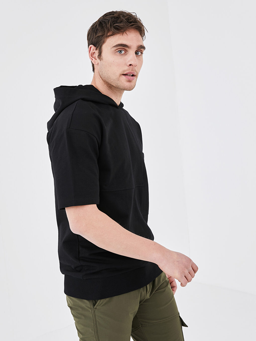 Siyah Oversize Kısa Kollu Erkek Hoodie-1