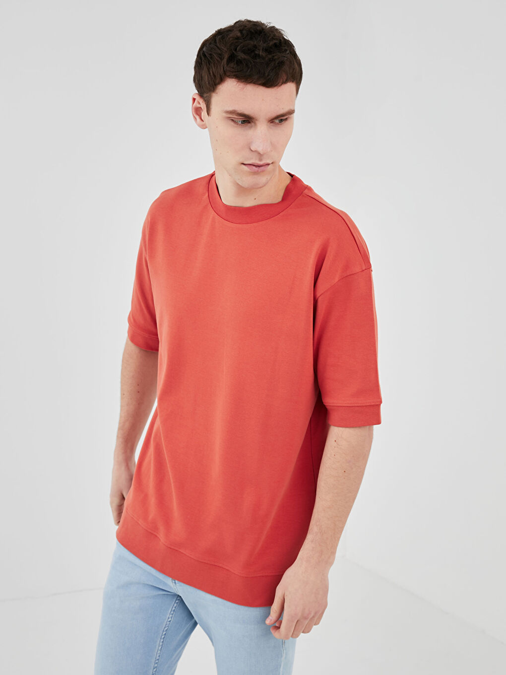 Turuncu Bisiklet Yaka Kısa Kollu Basic Erkek Sweatshirt