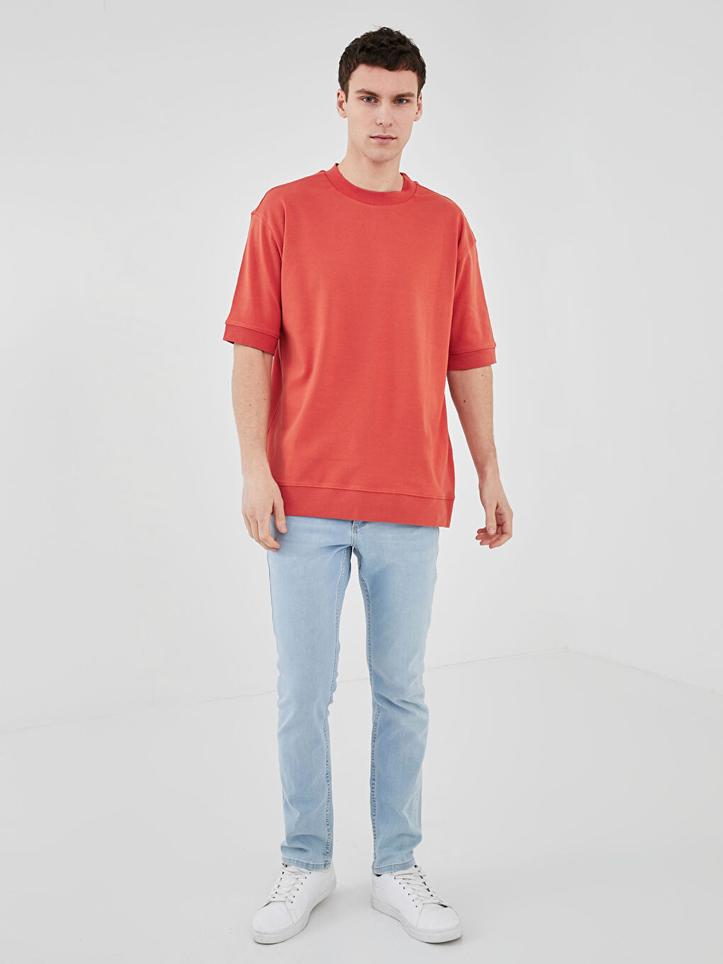 Turuncu Bisiklet Yaka Kısa Kollu Basic Erkek Sweatshirt-2