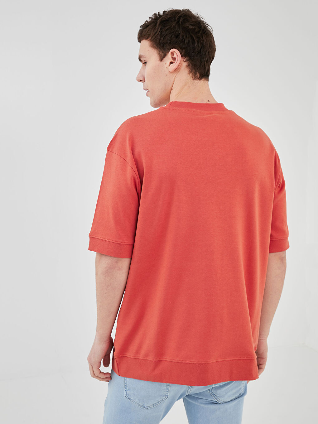 Turuncu Bisiklet Yaka Kısa Kollu Basic Erkek Sweatshirt-3