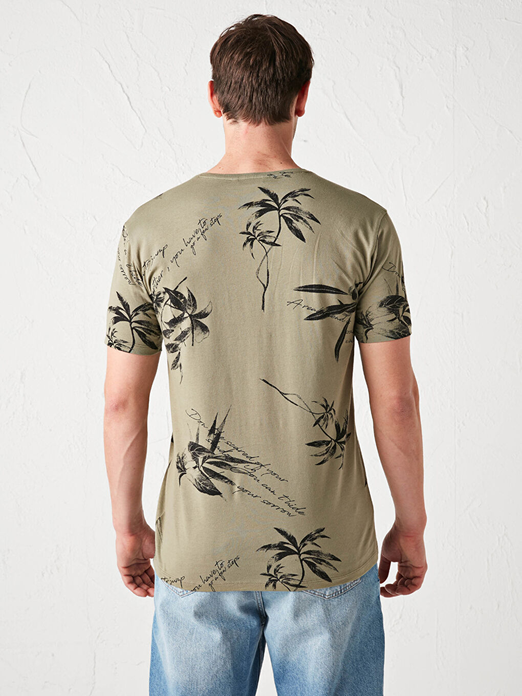 Haki Bisiklet Yaka Kısa Kollu Baskılı Penye Erkek Tişört-3