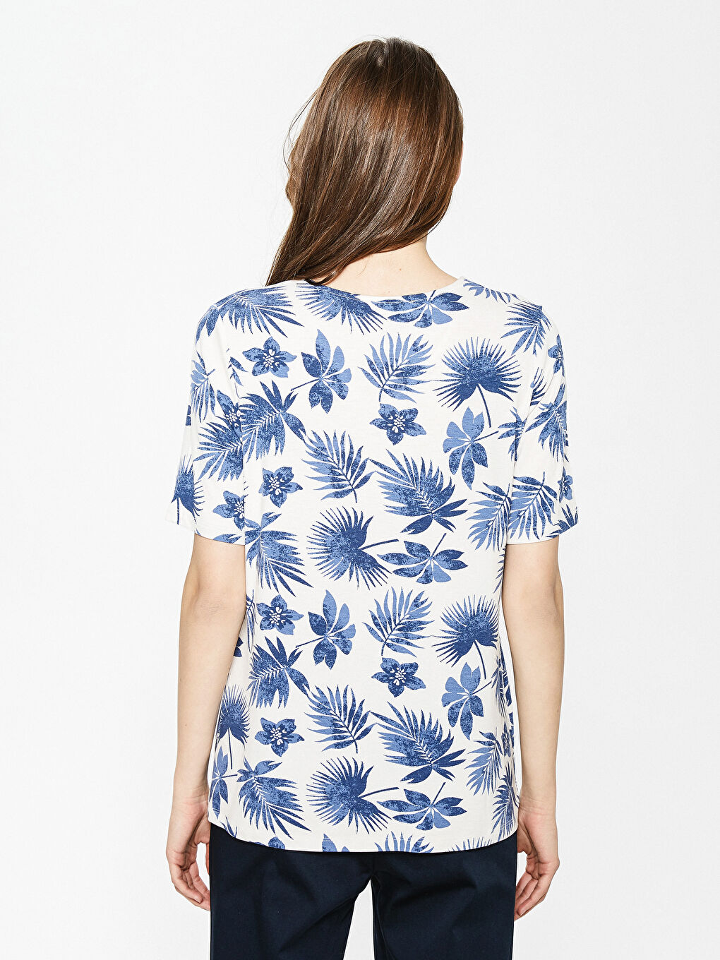 V Neck Floral Printed Short Sleeve Viscose Women Blouse-5