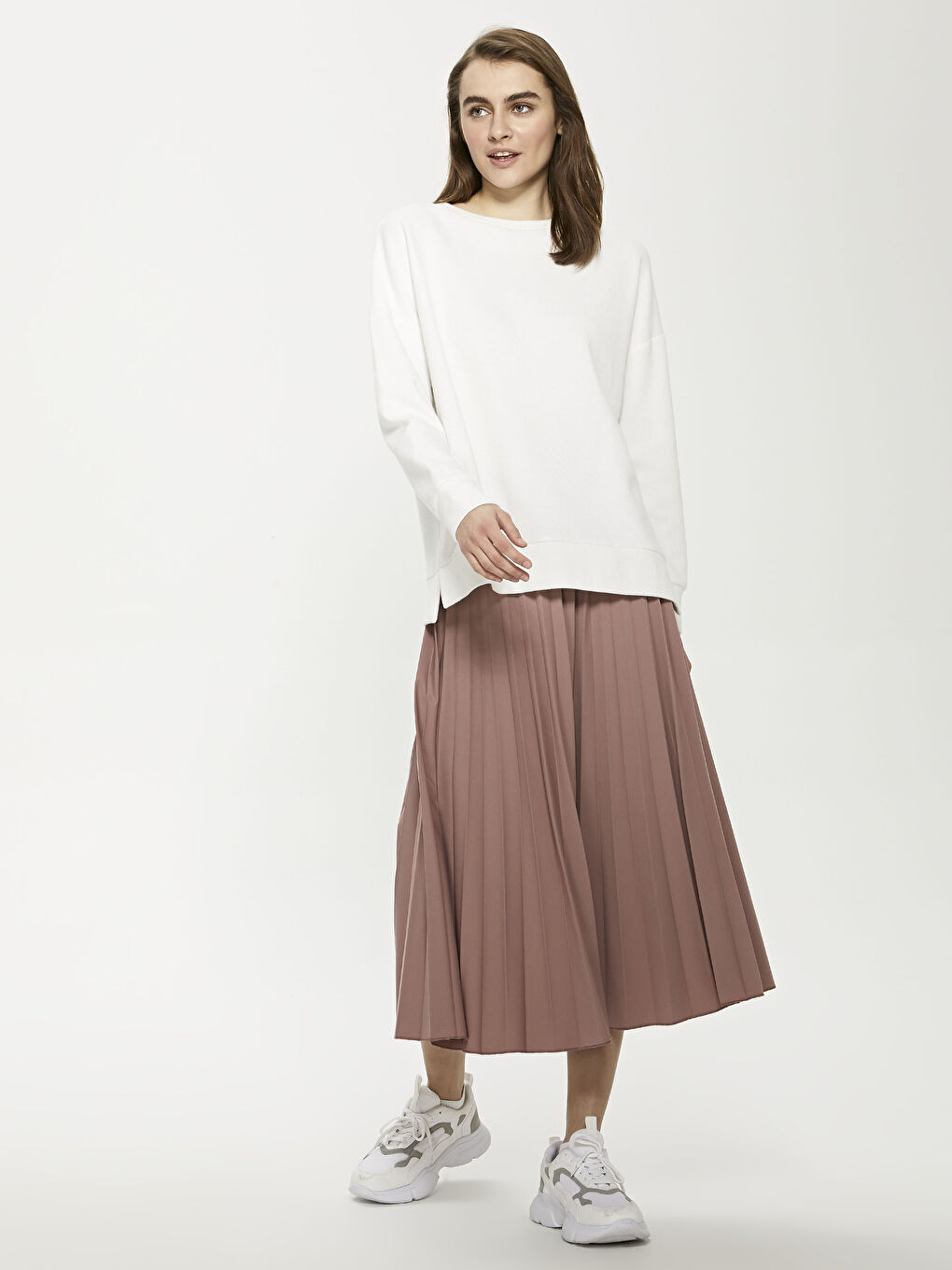 Pembe Beli Lastikli Pileli Kadın Etek-1