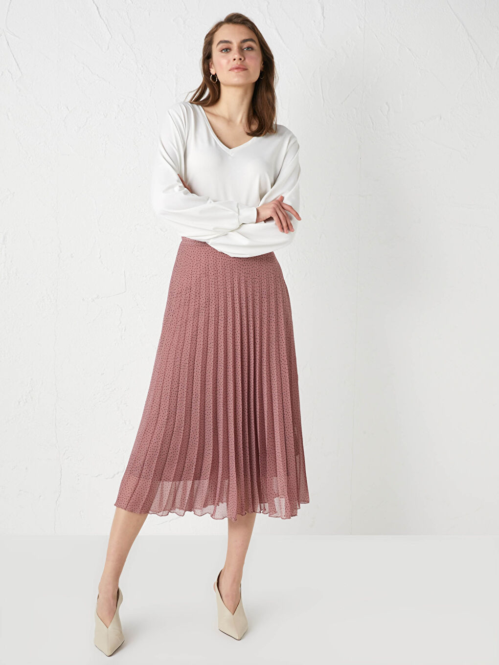 Pembe Beli Lastikli Puantiye Desenli Şifon Kadın Pileli Etek-4