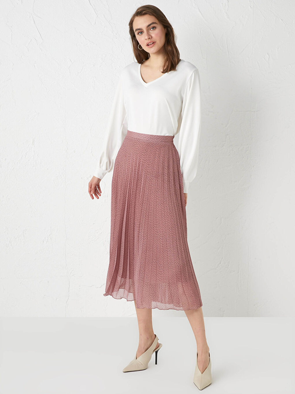 Pembe Beli Lastikli Puantiye Desenli Şifon Kadın Pileli Etek-5