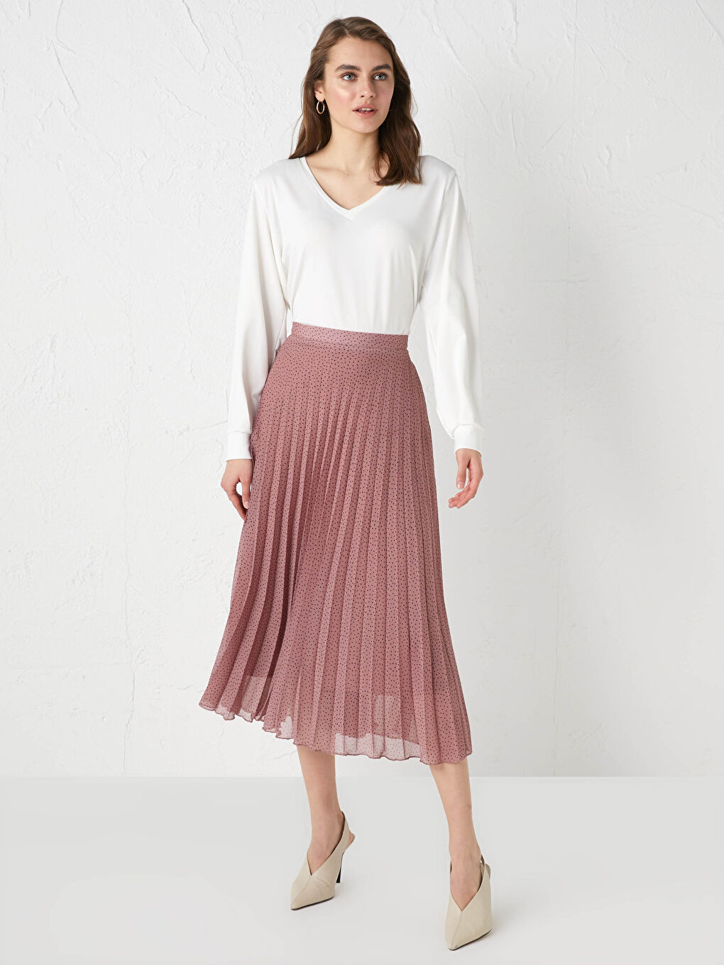 Pembe Beli Lastikli Puantiye Desenli Şifon Kadın Pileli Etek-6