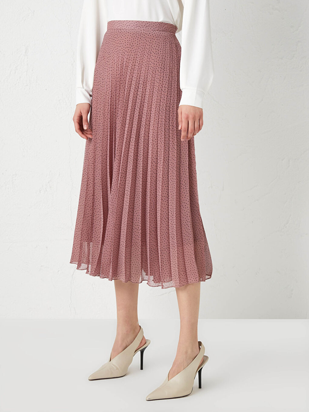 Pembe Beli Lastikli Puantiye Desenli Şifon Kadın Pileli Etek-7