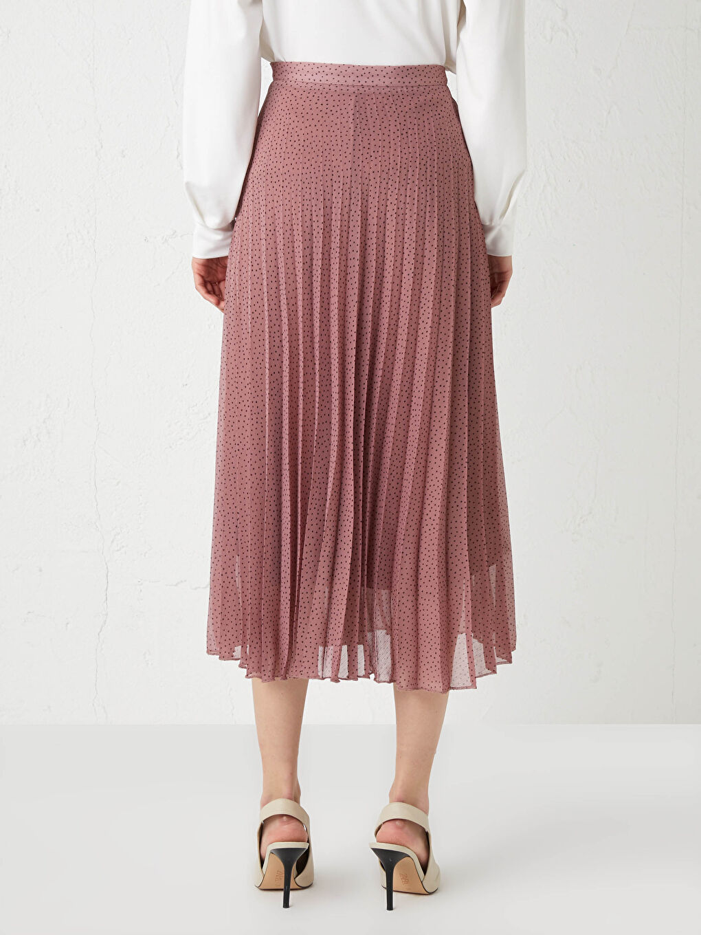 Pembe Beli Lastikli Puantiye Desenli Şifon Kadın Pileli Etek-8