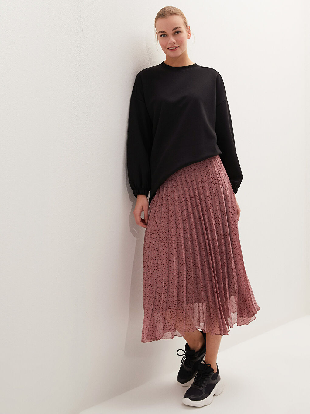 Pembe Beli Lastikli Puantiye Desenli Şifon Kadın Pileli Etek-1