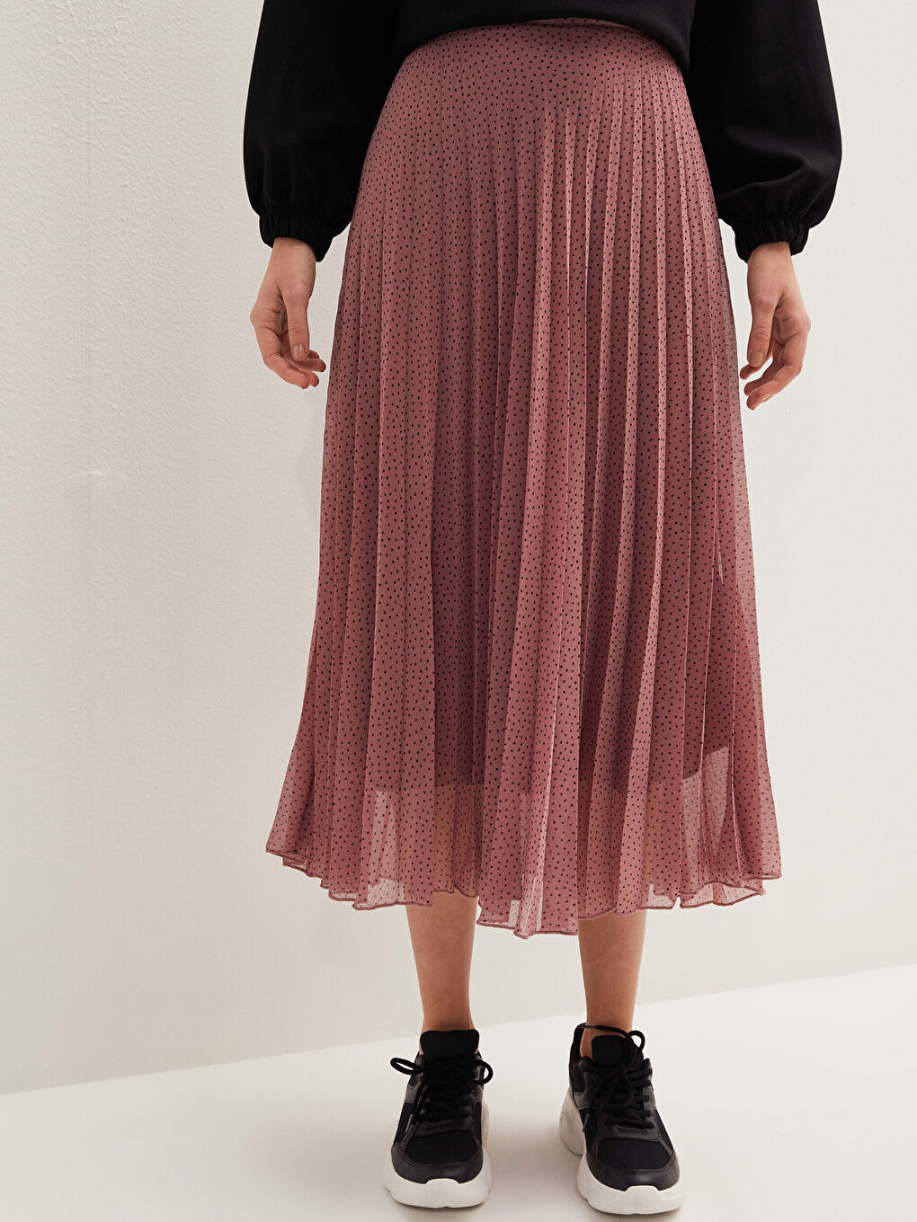 Pembe Beli Lastikli Puantiye Desenli Şifon Kadın Pileli Etek-2