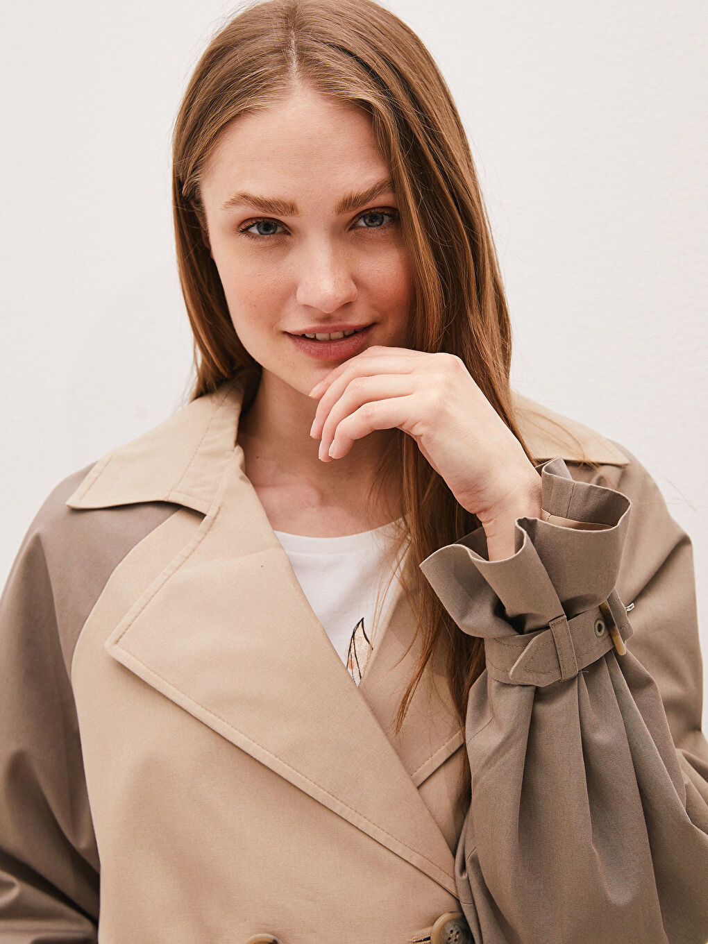 Bej Ceket Yaka Renk Bloklu Uzun Kollu Oversize Kadın Trençkot-2