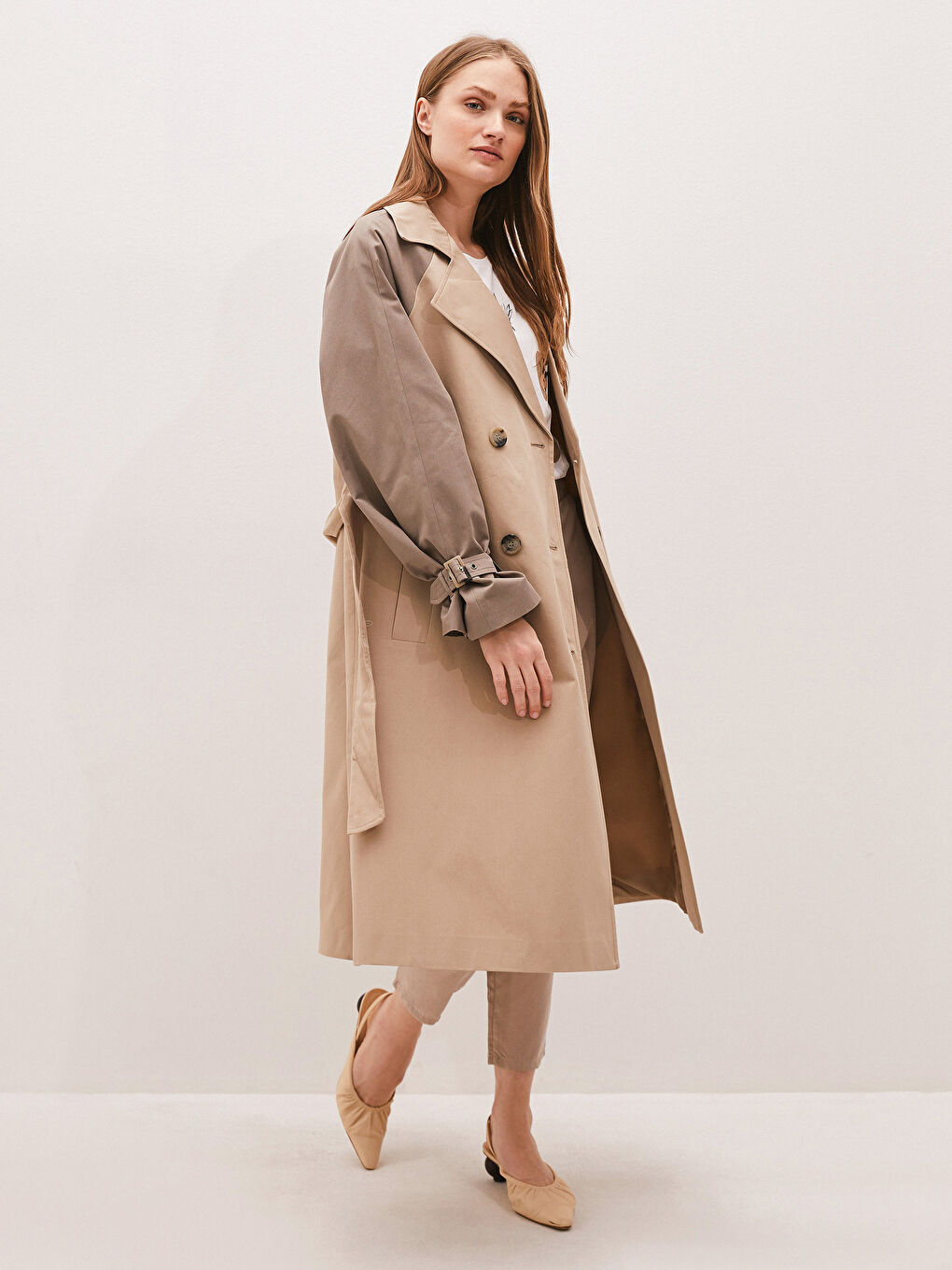 Bej Ceket Yaka Renk Bloklu Uzun Kollu Oversize Kadın Trençkot-4