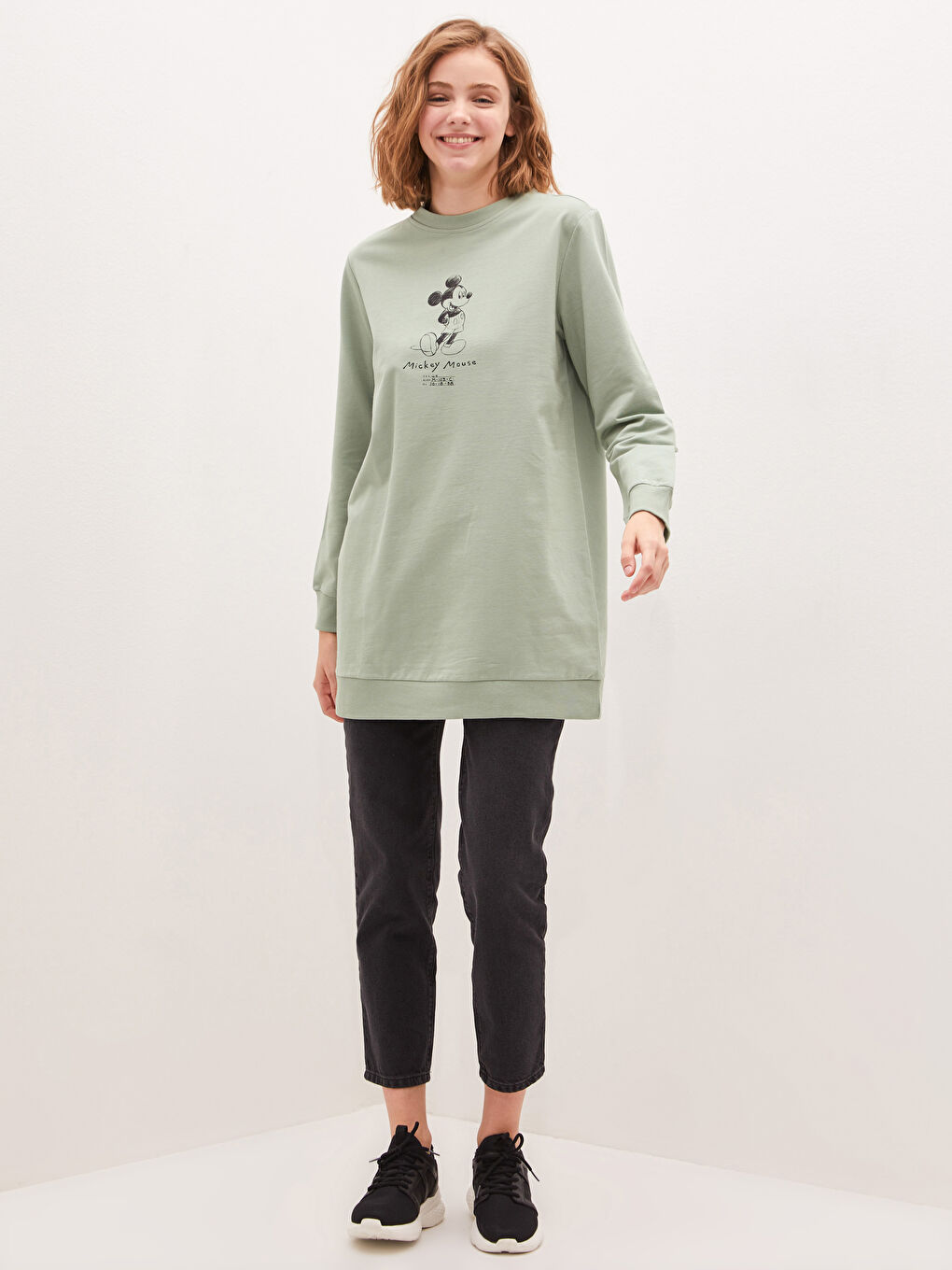 Crew Neck Mickey Mouse Printed Women's Sweatshirt Tunic