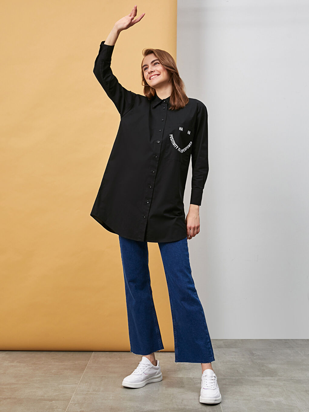 Siyah Baskılı Poplin Kadın Gömlek Tunik-1
