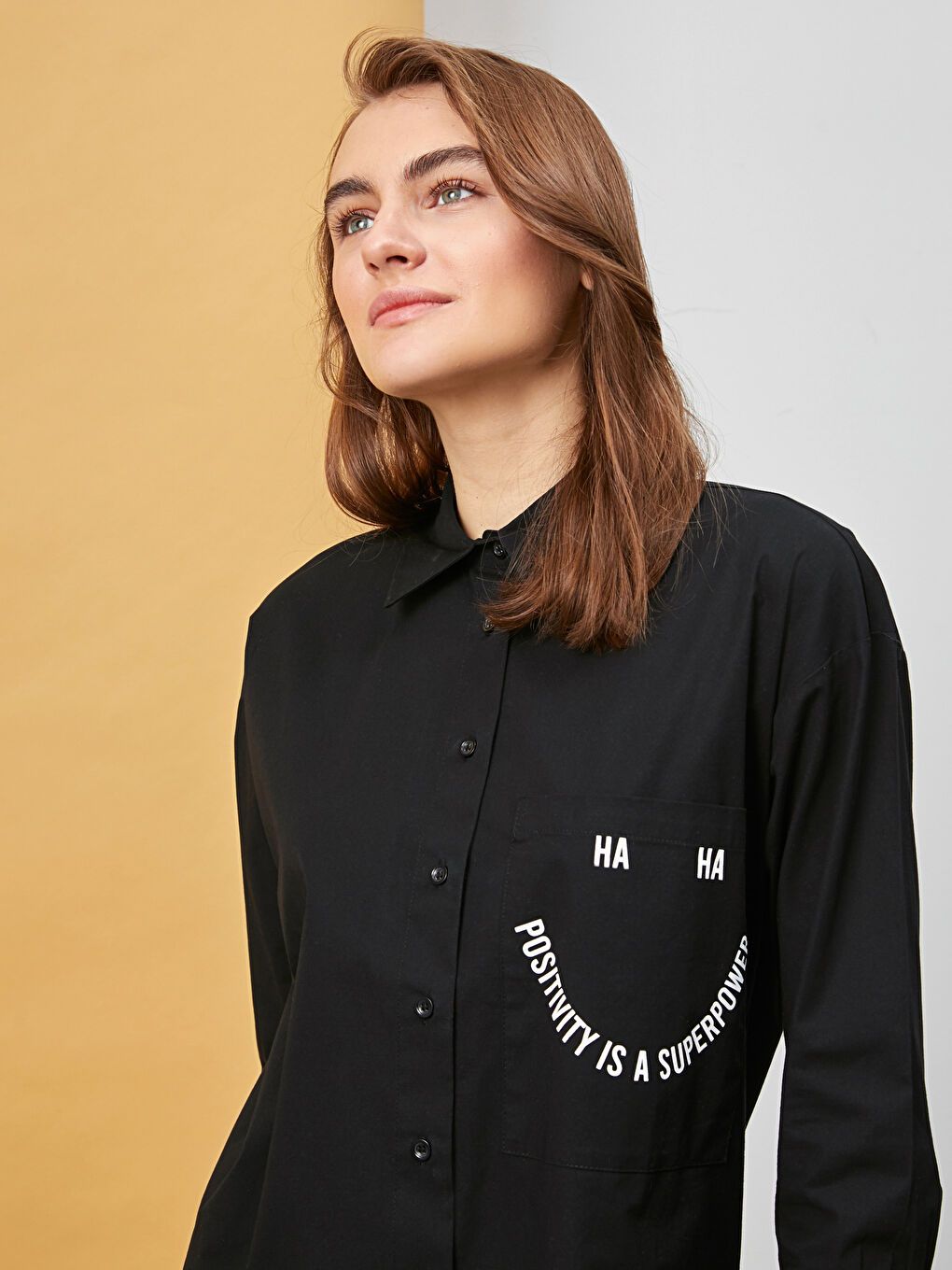 Siyah Baskılı Poplin Kadın Gömlek Tunik-2