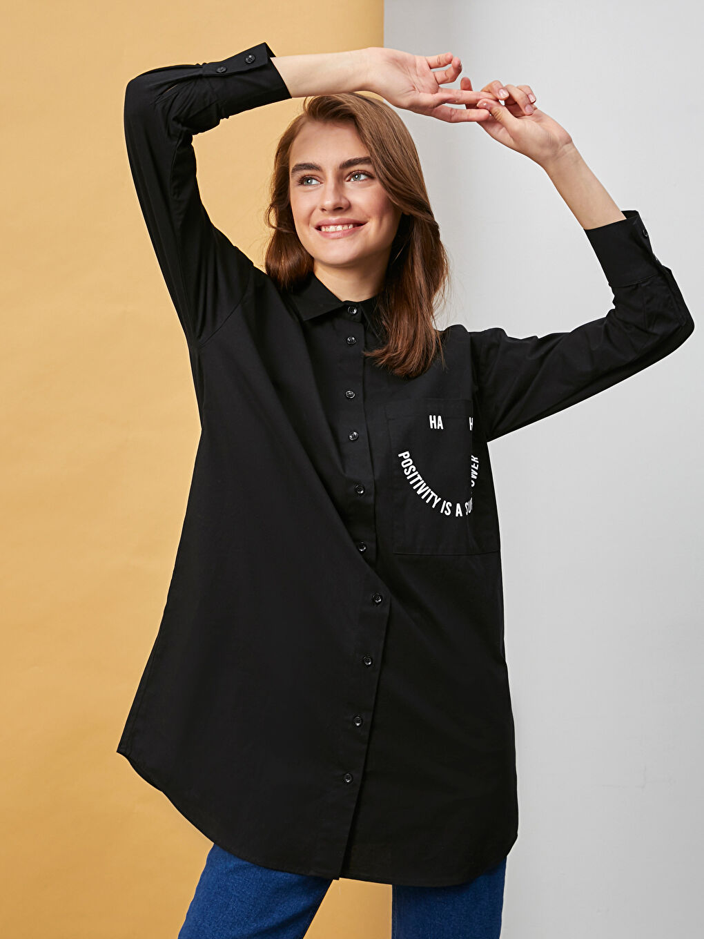 Siyah Baskılı Poplin Kadın Gömlek Tunik-4
