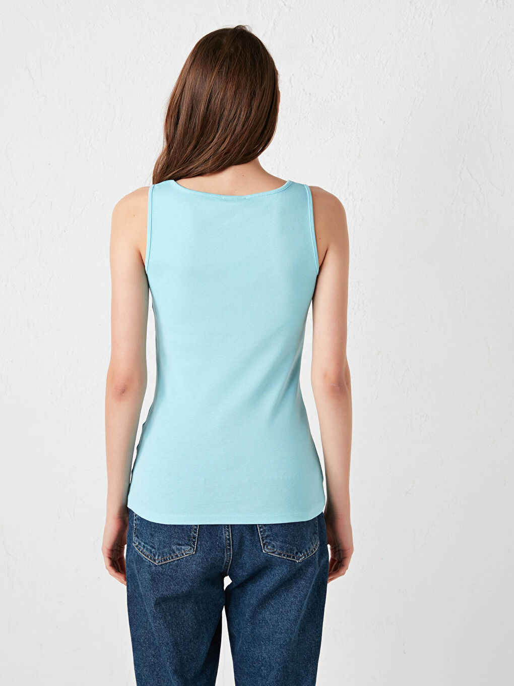 Mavi U Yaka Askılı Düz Pamuklu Kadın Atlet-9