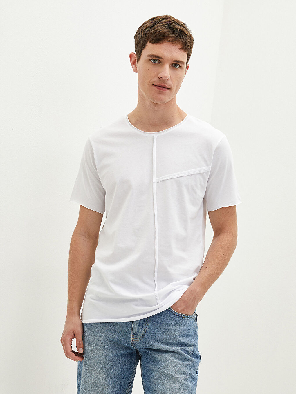 Beyaz Bisiklet Yaka Penye Erkek Tişört