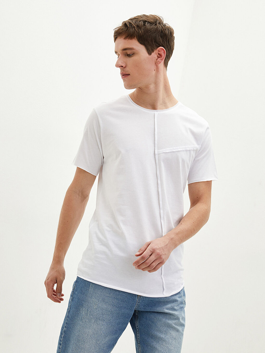 Beyaz Bisiklet Yaka Penye Erkek Tişört-2