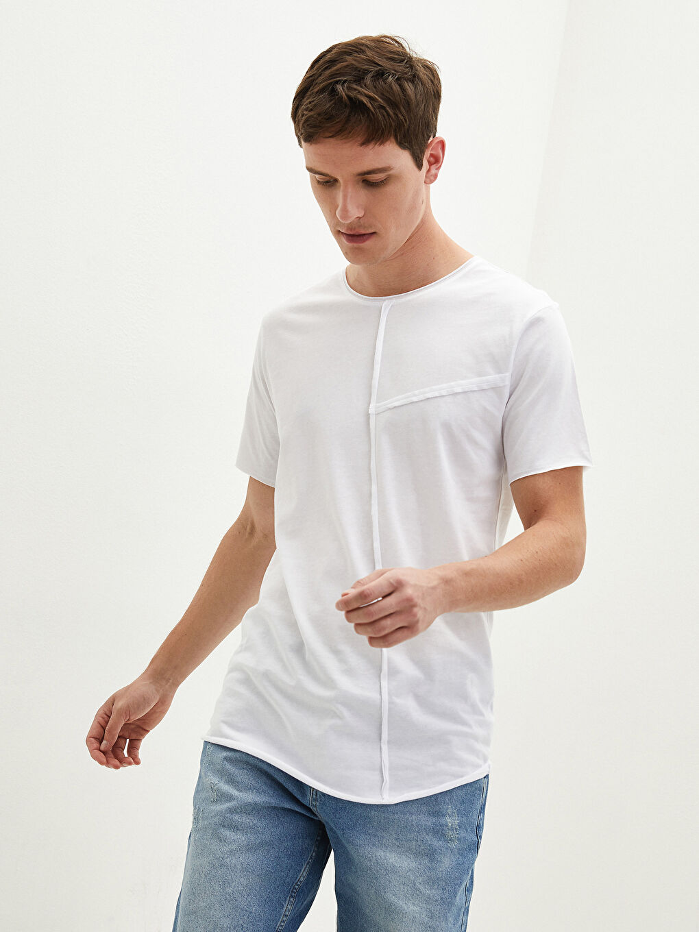 Beyaz Bisiklet Yaka Penye Erkek Tişört-3