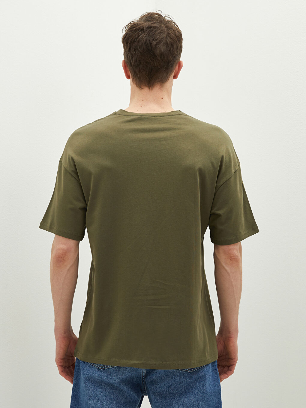 Haki Bisiklet Yaka Kısa Kollu Basic Oversize Erkek Tişört-4