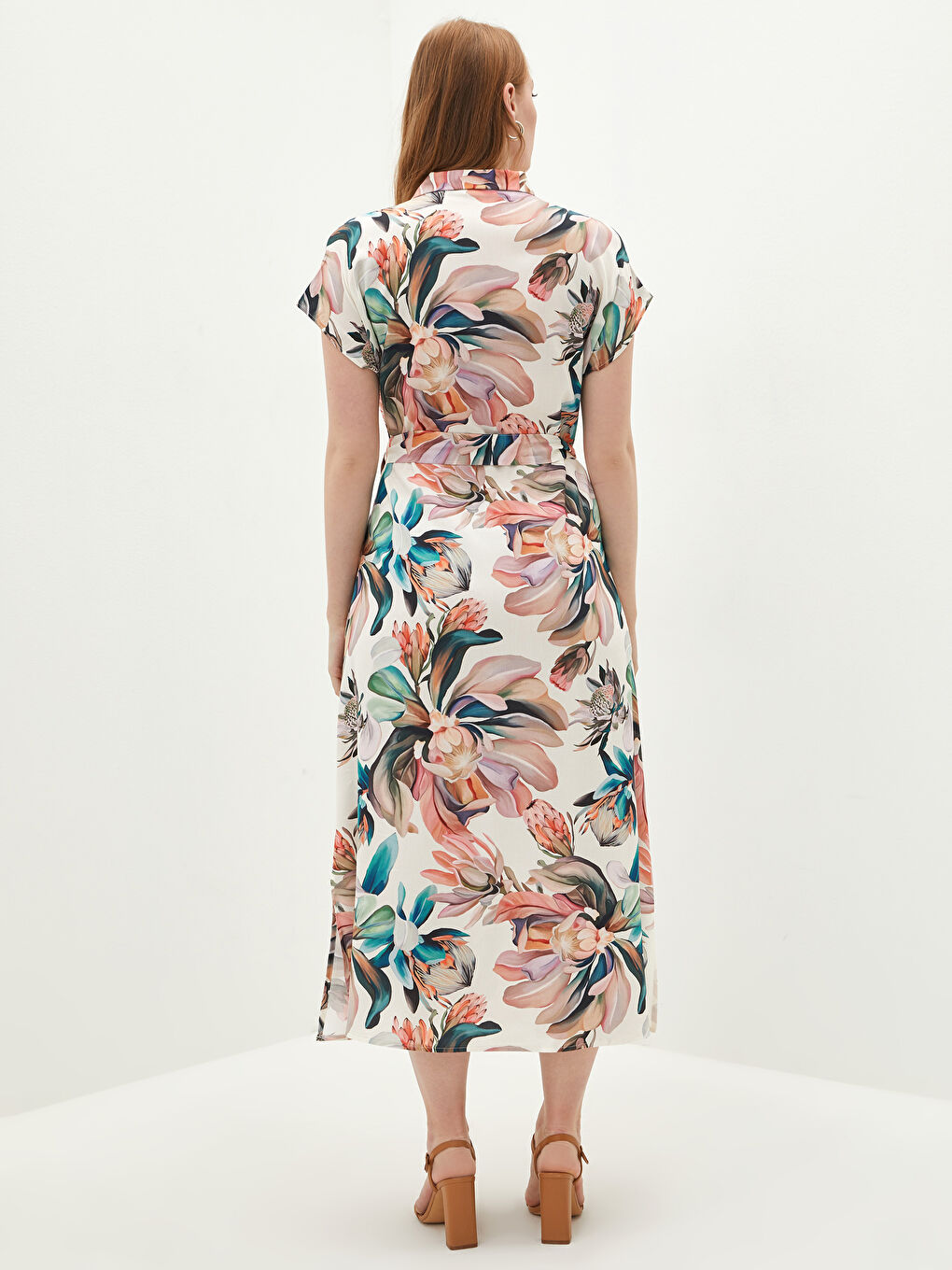 Karışık Gömlek Yaka Çiçek Baskılı Kısa Kollu Viskon Kadın Elbise-4