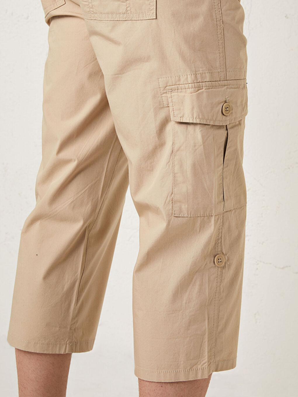 Bej Standart Kalıp Kemerli Poplin Erkek Şort-3