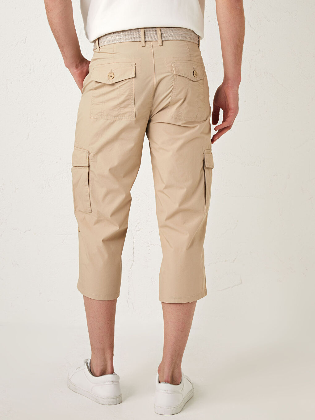 Bej Standart Kalıp Kemerli Poplin Erkek Şort-5