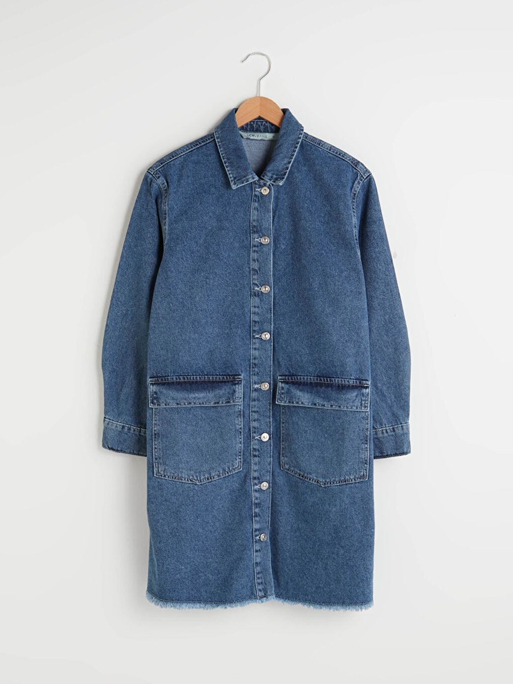 İndigo Gömlek Yaka Cep Detaylı Uzun Kollu Kadın Jean Ceket-4