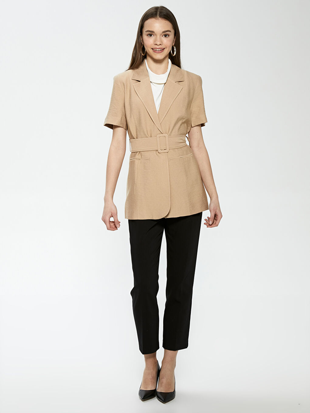 Button-Off Short Sleeve Belt Detail women's Blazer-3