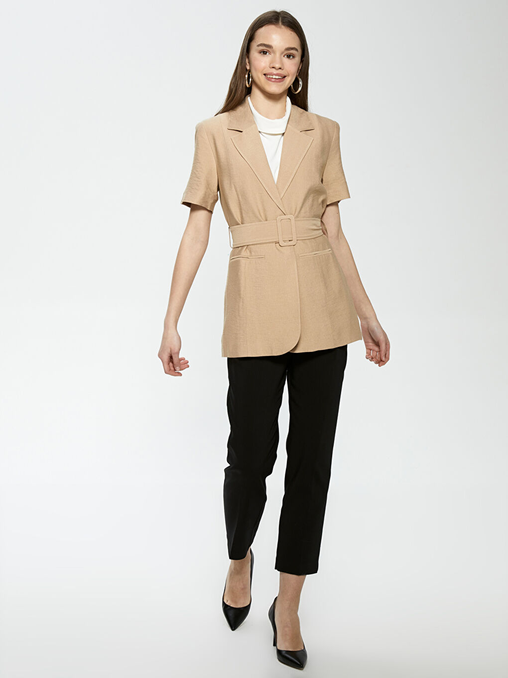 Button-Off Short Sleeve Belt Detail women's Blazer-4