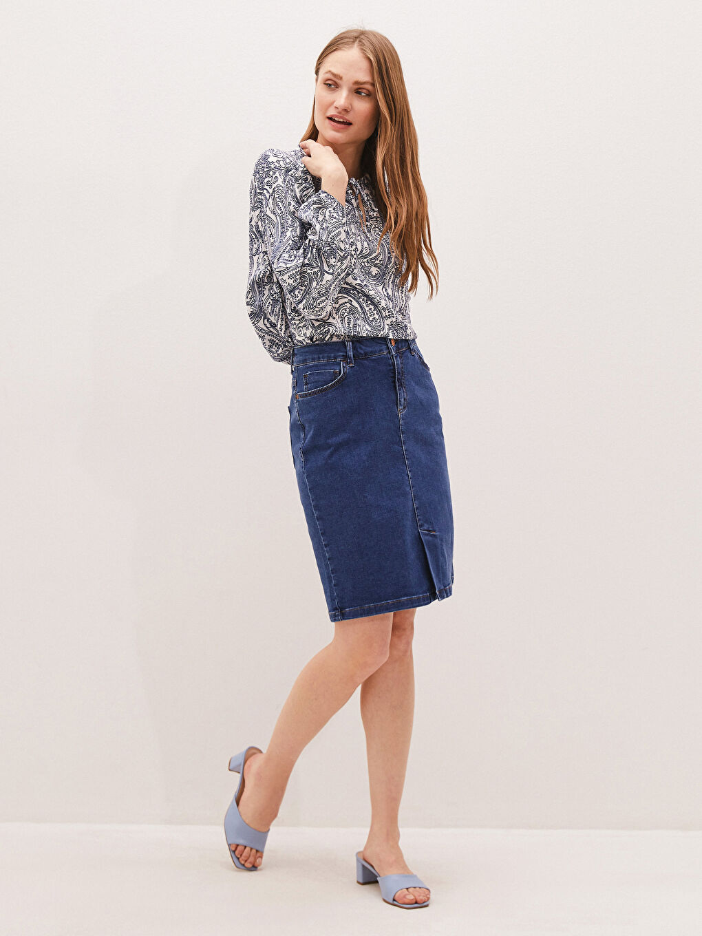 تنورة جينز نسائية وسط عالي رفيع سادة-1