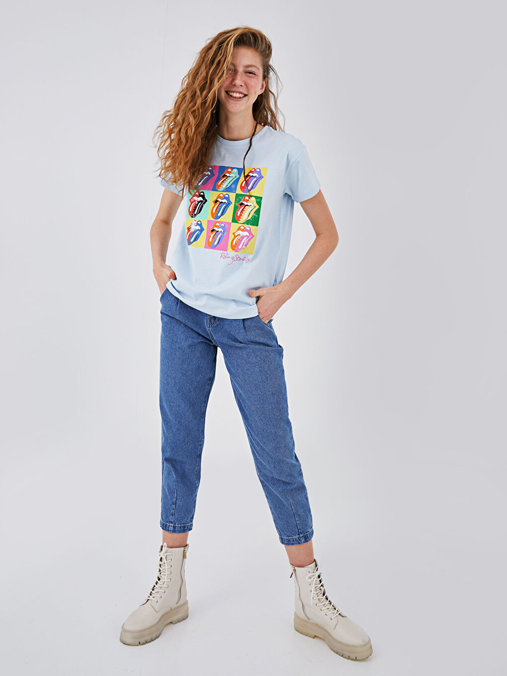 Әйелдерге арналған дөңгелек жағалы rolling stones принтті қысқа жеңді мақта футболка-4