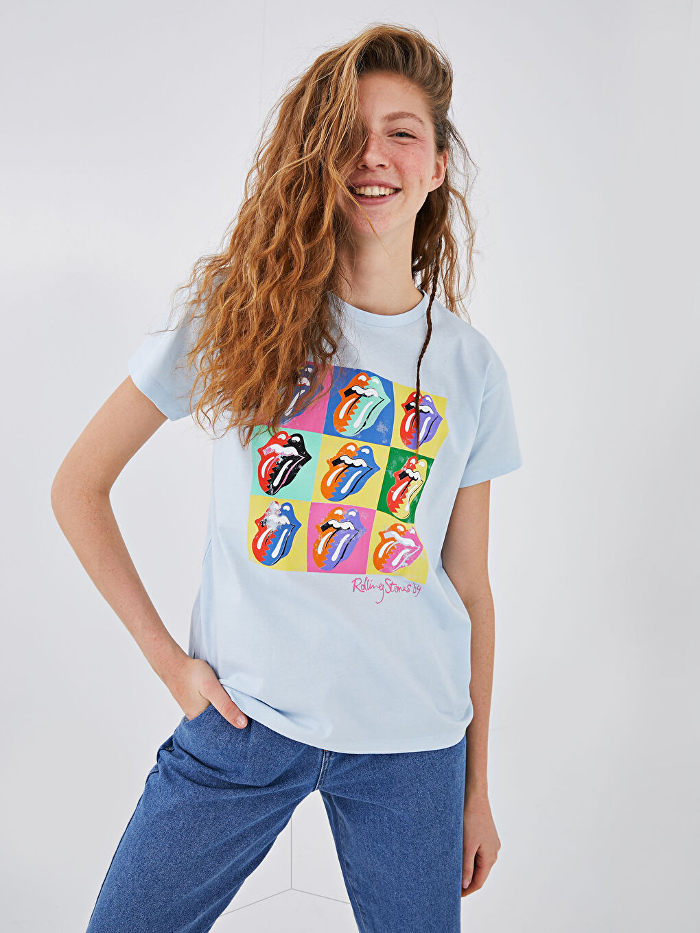 Әйелдерге арналған дөңгелек жағалы rolling stones принтті қысқа жеңді мақта футболка-6