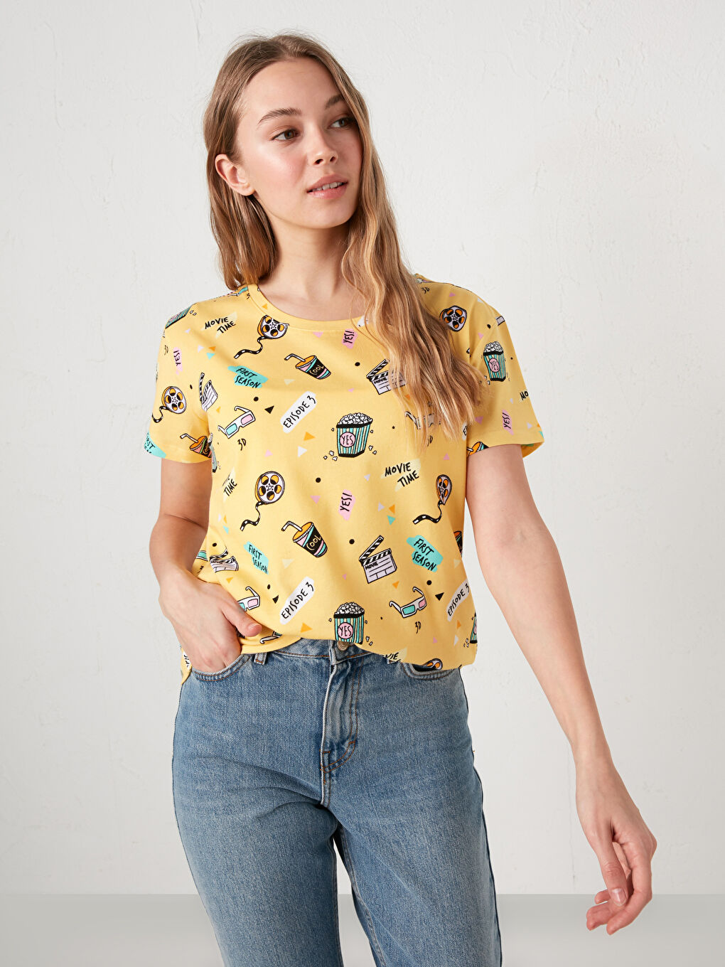 Turuncu Bisiklet Yaka Baskılı Kısa Kollu Pamuklu Kadın Tişört