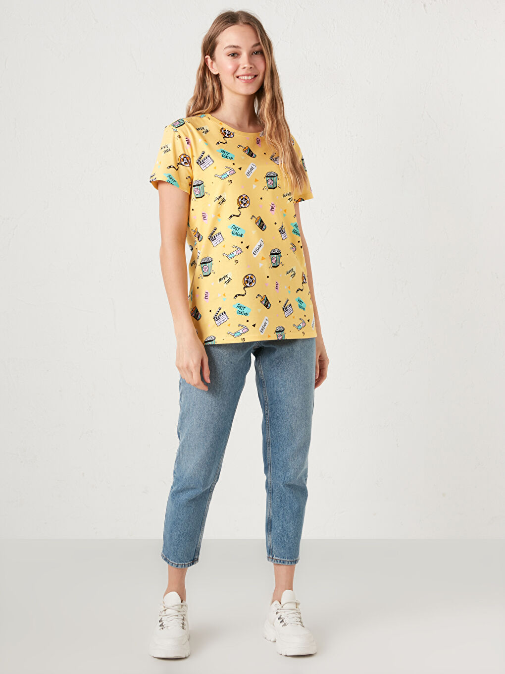 Turuncu Bisiklet Yaka Baskılı Kısa Kollu Pamuklu Kadın Tişört-2