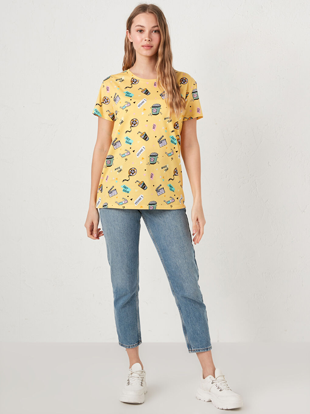 Turuncu Bisiklet Yaka Baskılı Kısa Kollu Pamuklu Kadın Tişört-3