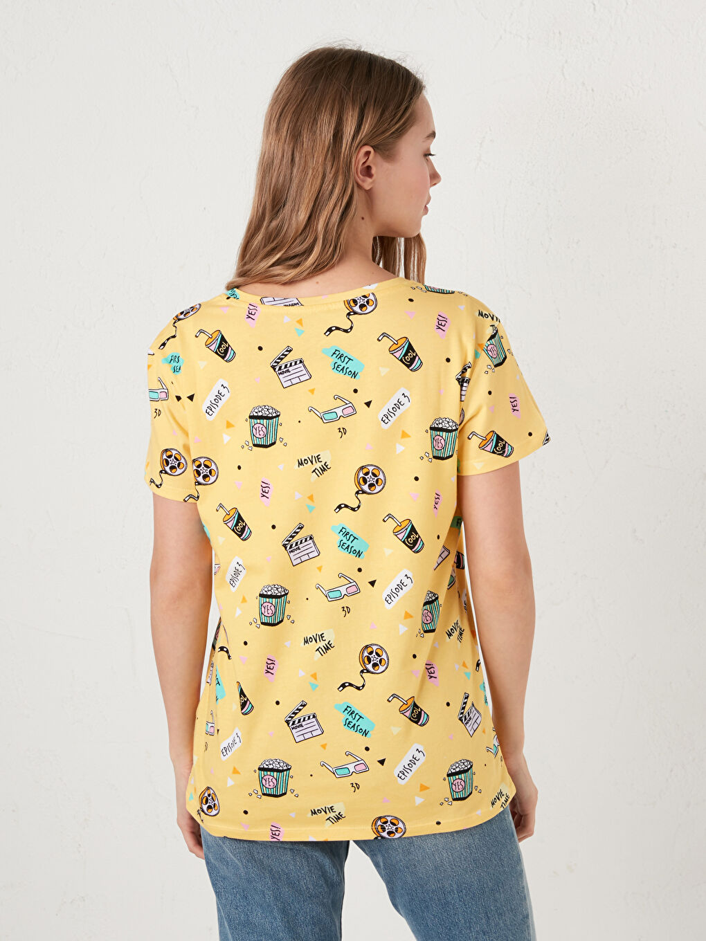 Turuncu Bisiklet Yaka Baskılı Kısa Kollu Pamuklu Kadın Tişört-4