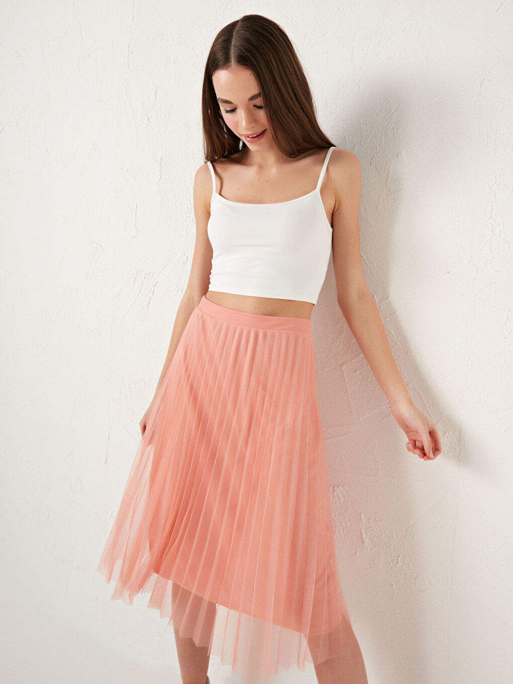 Pembe Beli Lastikli Kadın Pileli Etek-2