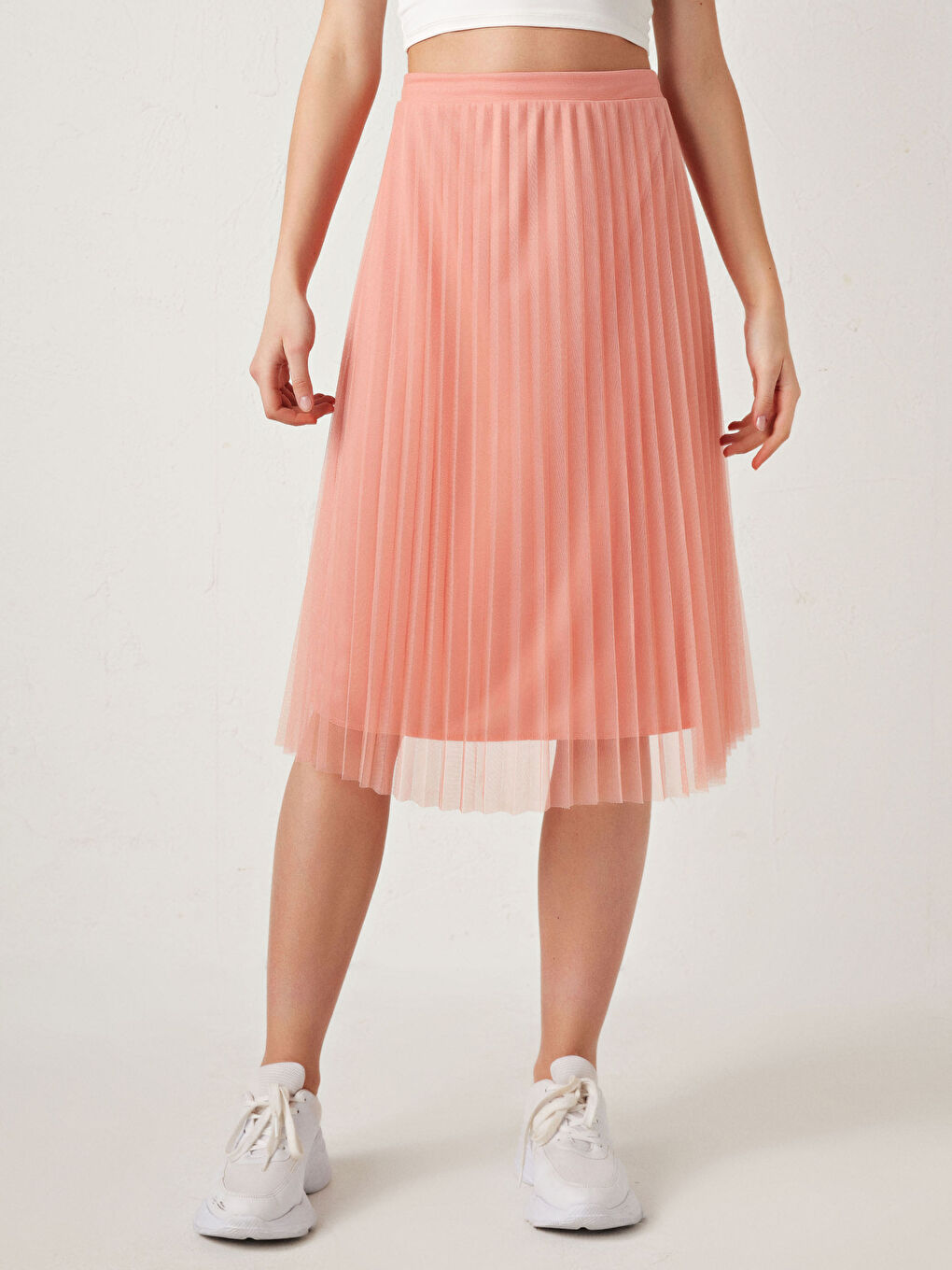 Pembe Beli Lastikli Kadın Pileli Etek-3