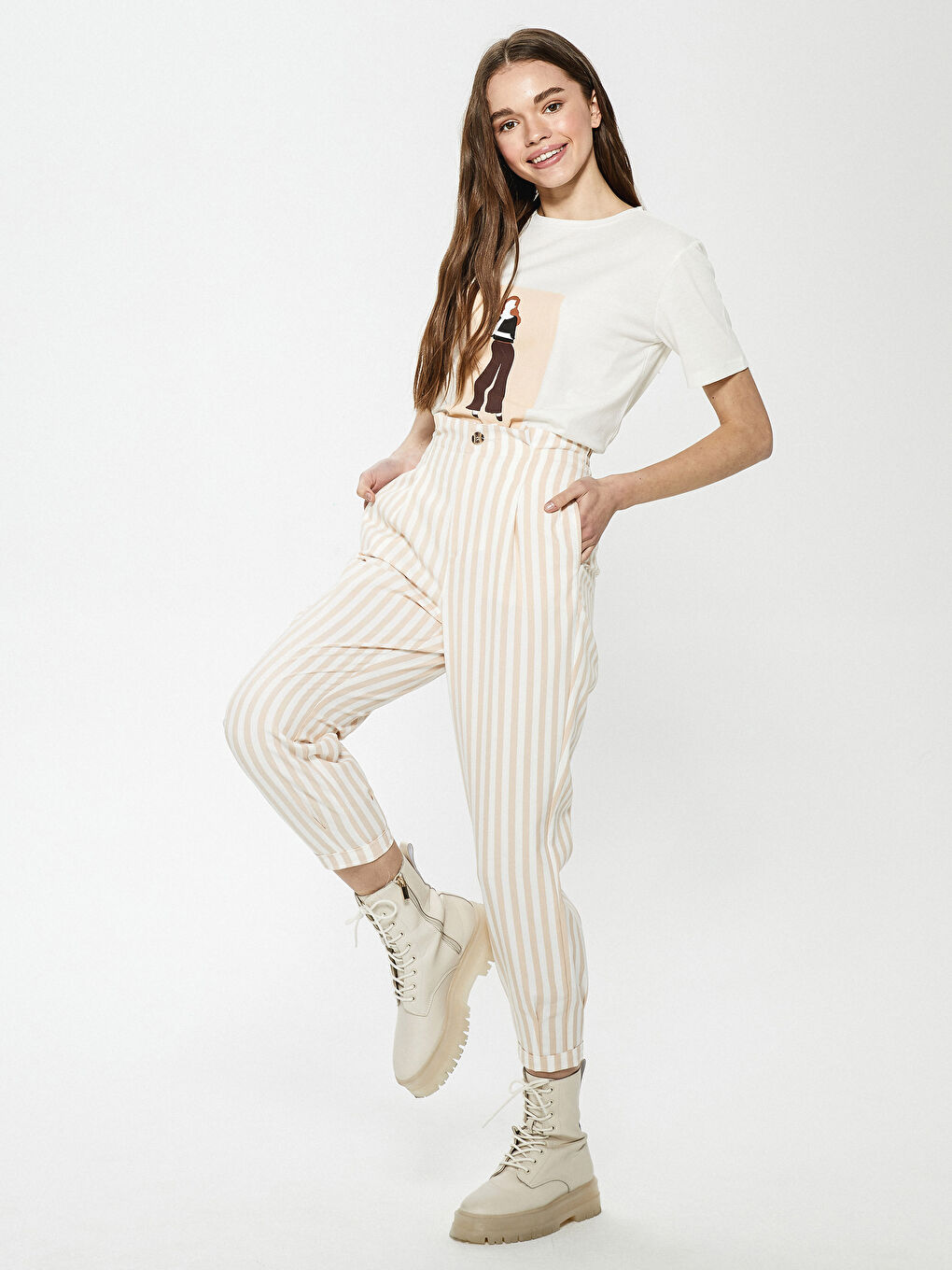 LCW Vision Elastic Waist Striped Carrot Women Pants -S1EN41Z8-LGZ