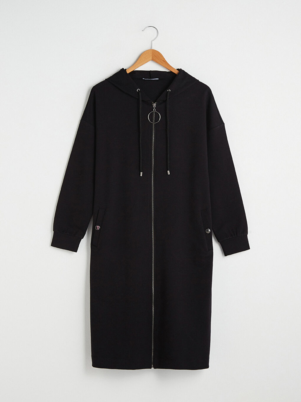 Siyah Kapüşon Yaka Fermuar Detaylı Uzun Kollu Jakarlı Kadın Hırka-6