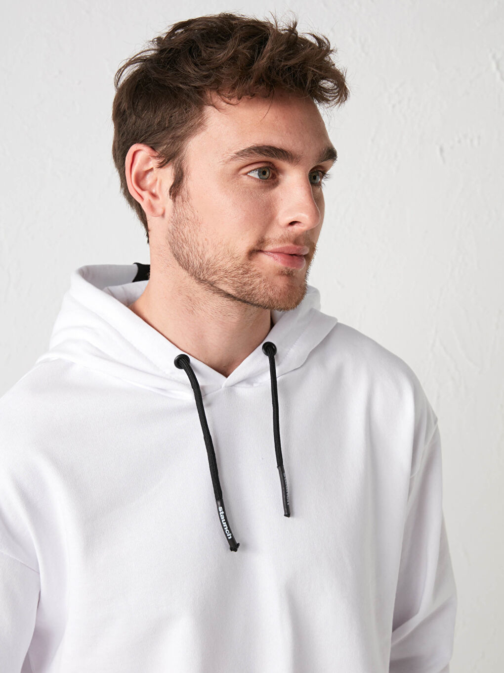 Beyaz Uzun Kollu Baskılı Kalın Erkek Hoodie-2